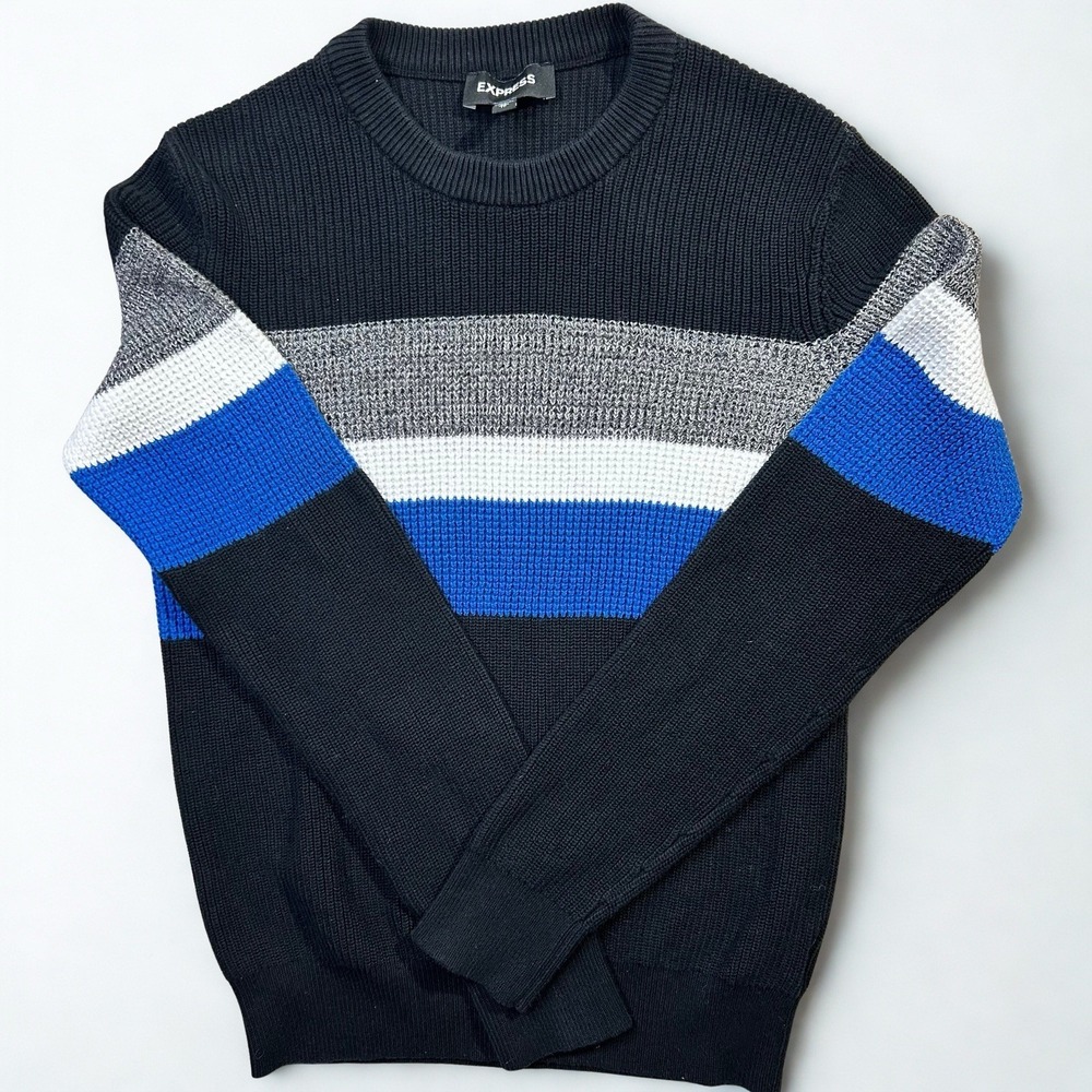 Express Mens Ribbed Colorblock Striped Crew Neck Sweater Black Blue Grey XS